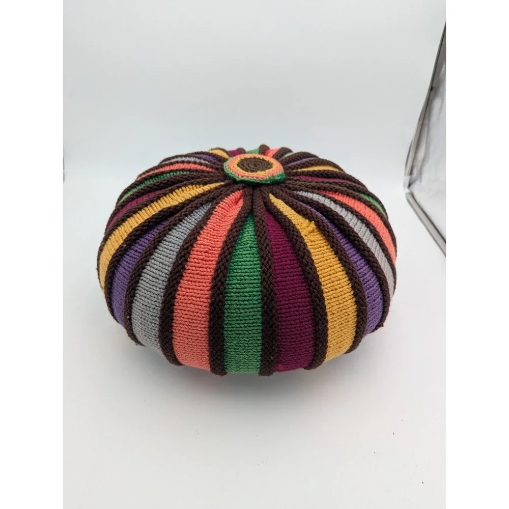 VTG Handmade Crochet Round Floor‎ Pillow Multicolor Boho Cushion 15 Inch Granny